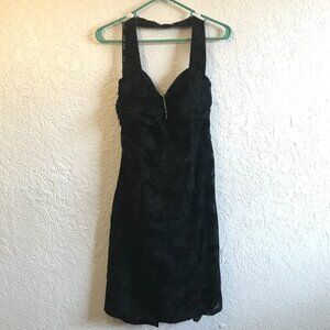 Halter Mini Dress - Black Floral Pattern Velvet - Size 6